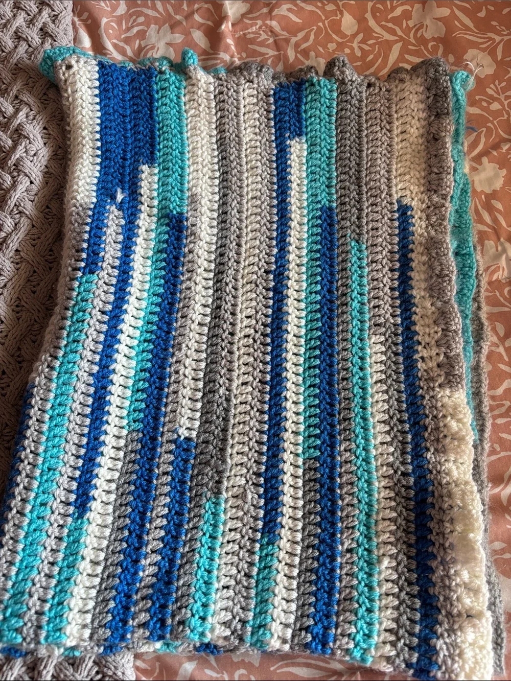 Source Unknown Blue, Teal, Gray & White Striped Crochet Throw